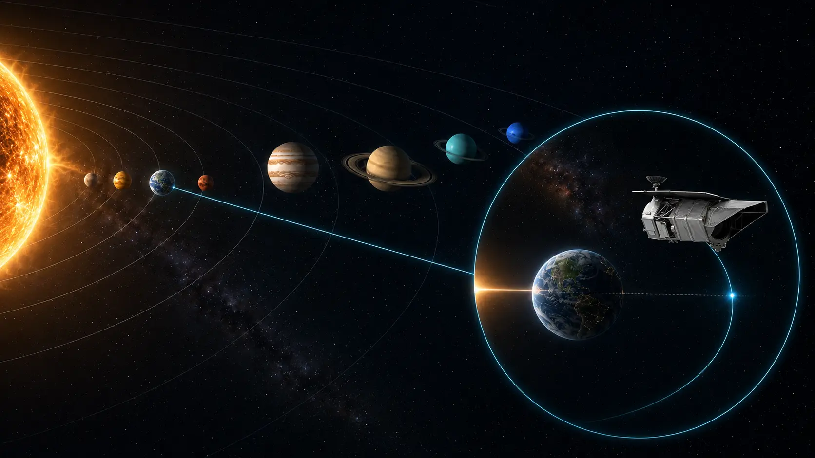Cartografia artística do Sistema Solar com ampliação da Terra, do ponto L2 e do telescópio Nancy Grace Roman em órbita de halo